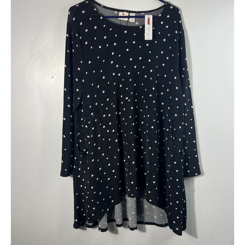 Chicos Delightful Dots Button Back Tunic Top LS Knit Black White XL NWT